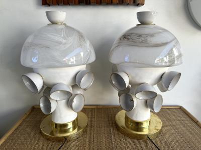 Contemporary Pair of Brass Murano Glass and Ceramic Mushroom Lamps Italy