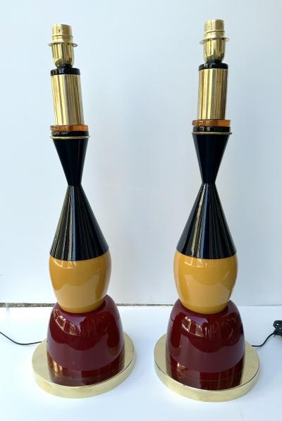 Contemporary Pair of Brass Murano Glass and Lacquered Metal Cone Lamps Italy