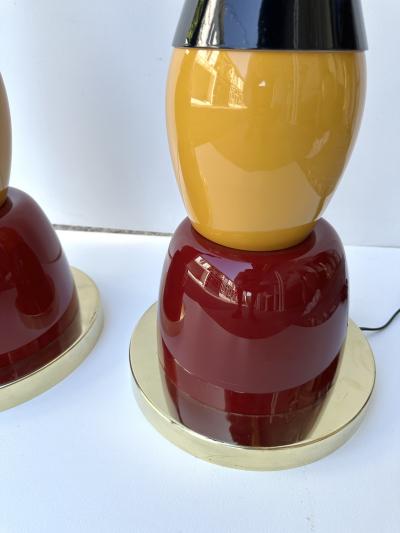 Contemporary Pair of Brass Murano Glass and Lacquered Metal Cone Lamps Italy