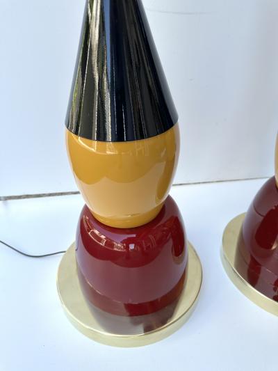 Contemporary Pair of Brass Murano Glass and Lacquered Metal Cone Lamps Italy