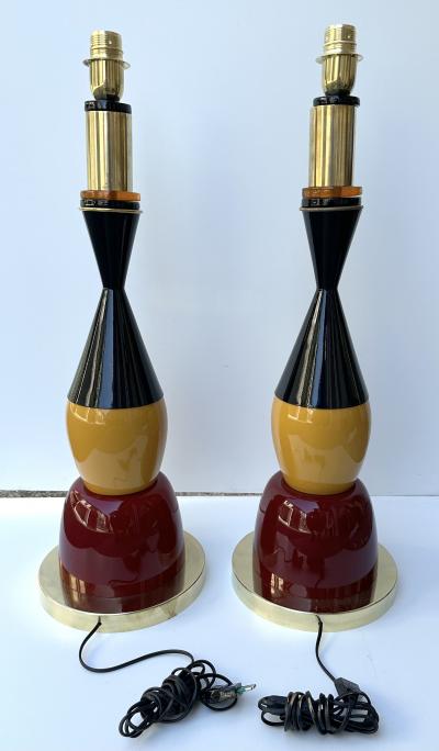 Contemporary Pair of Brass Murano Glass and Lacquered Metal Cone Lamps Italy