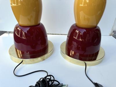 Contemporary Pair of Brass Murano Glass and Lacquered Metal Cone Lamps Italy