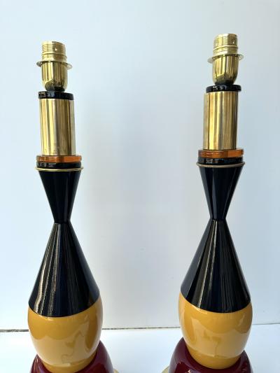 Contemporary Pair of Brass Murano Glass and Lacquered Metal Cone Lamps Italy