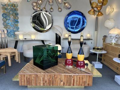 Contemporary Pair of Brass Murano Glass and Lacquered Metal Cone Lamps Italy