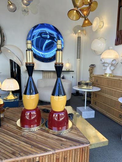Contemporary Pair of Brass Murano Glass and Lacquered Metal Cone Lamps Italy