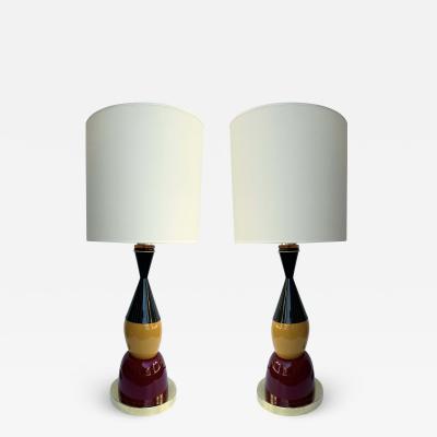 Contemporary Pair of Brass Murano Glass and Lacquered Metal Cone Lamps Italy