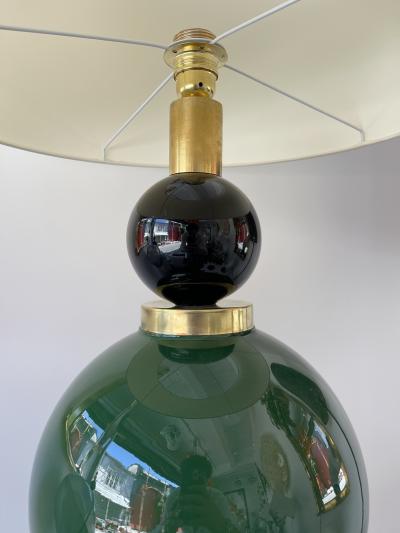 Contemporary Pair of Brass Murano Glass and Wood Lamps Italy