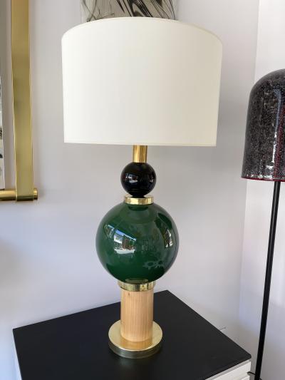 Contemporary Pair of Brass Murano Glass and Wood Lamps Italy