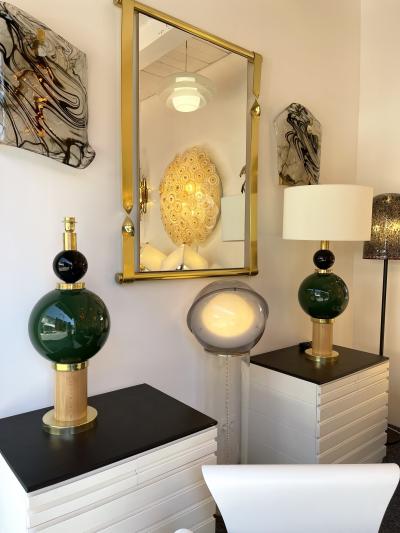 Contemporary Pair of Brass Murano Glass and Wood Lamps Italy