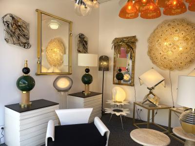 Contemporary Pair of Brass Murano Glass and Wood Lamps Italy