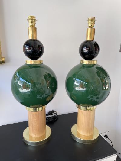 Contemporary Pair of Brass Murano Glass and Wood Lamps Italy