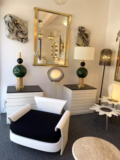 Contemporary Pair of Brass Murano Glass and Wood Lamps Italy