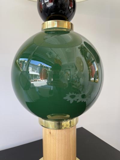 Contemporary Pair of Brass Murano Glass and Wood Lamps Italy