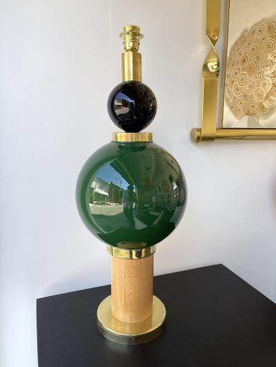 Contemporary Pair of Brass Murano Glass and Wood Lamps Italy