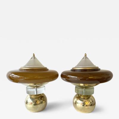 Contemporary Pair of Brass Mushroom Amber Murano Glass Lamps Italy