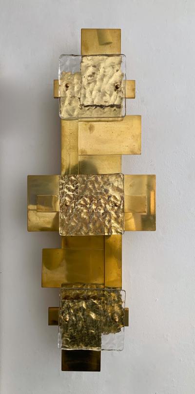 Contemporary Pair of Brass Sconces Geometrical Murano Glass Italy