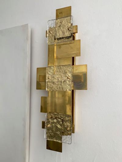 Contemporary Pair of Brass Sconces Geometrical Murano Glass Italy