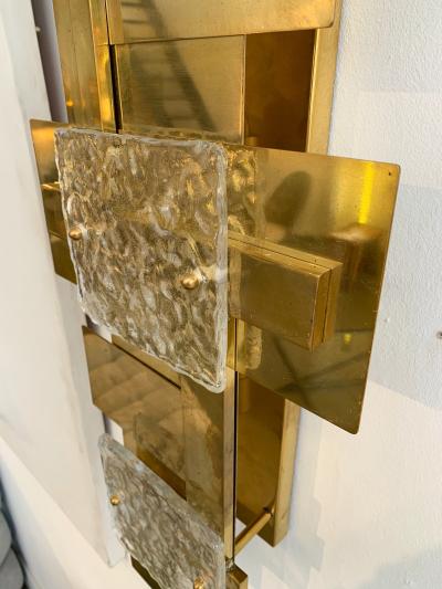 Contemporary Pair of Brass Sconces Geometrical Murano Glass Italy