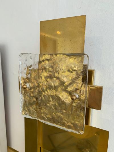 Contemporary Pair of Brass Sconces Geometrical Murano Glass Italy