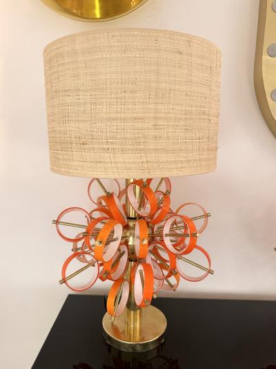 Contemporary Pair of Brass Sputnik Rings Murano Glass Lamps Italy