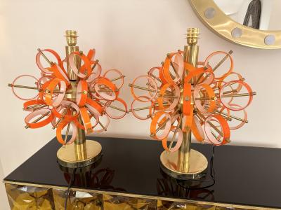 Contemporary Pair of Brass Sputnik Rings Murano Glass Lamps Italy