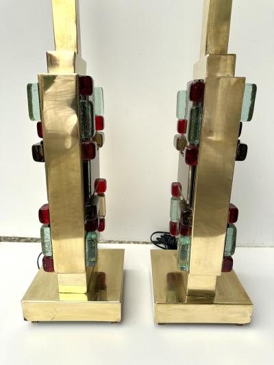 Contemporary Pair of Brass Textured and Cabochon Murano Glass Lamps Italy