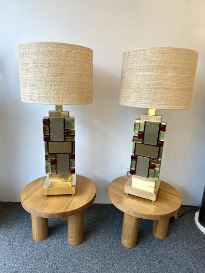 Contemporary Pair of Brass Textured and Cabochon Murano Glass Lamps Italy