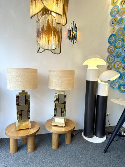 Contemporary Pair of Brass Textured and Cabochon Murano Glass Lamps Italy