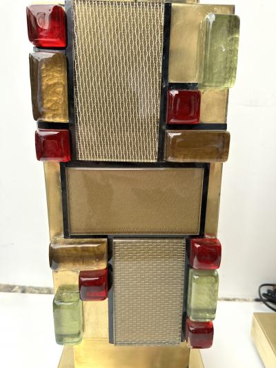 Contemporary Pair of Brass Textured and Cabochon Murano Glass Lamps Italy