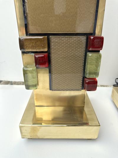 Contemporary Pair of Brass Textured and Cabochon Murano Glass Lamps Italy