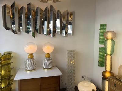 Contemporary Pair of Brass and Berlingo Stripe Murano Glass Lamps Italy