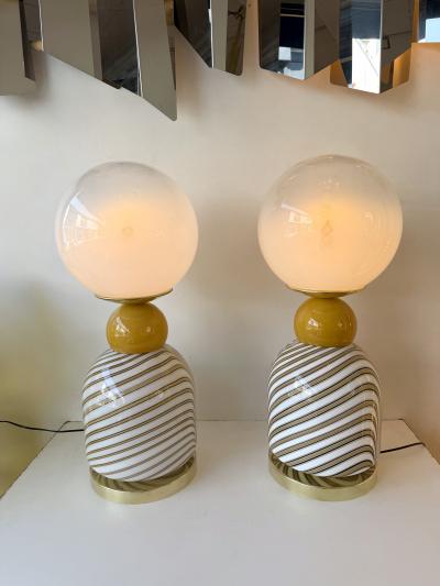 Contemporary Pair of Brass and Berlingo Stripe Murano Glass Lamps Italy