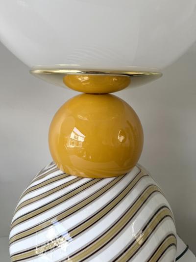 Contemporary Pair of Brass and Berlingo Stripe Murano Glass Lamps Italy