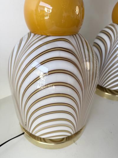 Contemporary Pair of Brass and Berlingo Stripe Murano Glass Lamps Italy