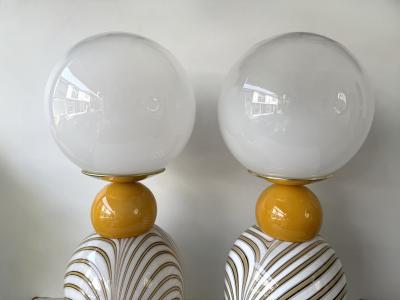 Contemporary Pair of Brass and Berlingo Stripe Murano Glass Lamps Italy