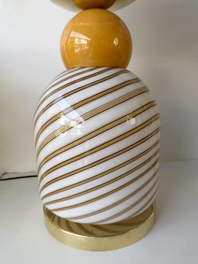 Contemporary Pair of Brass and Berlingo Stripe Murano Glass Lamps Italy