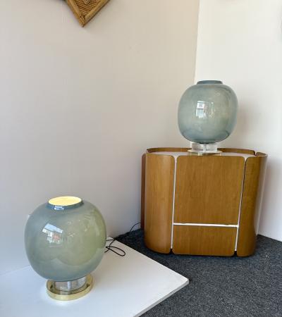 Contemporary Pair of Brass and Blue Murano Glass Bulb Lamps Italy