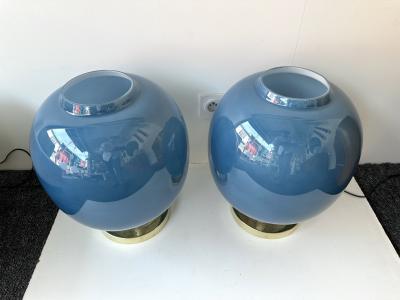 Contemporary Pair of Brass and Blue Murano Glass Bulb Lamps Italy