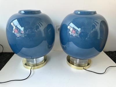 Contemporary Pair of Brass and Blue Murano Glass Bulb Lamps Italy