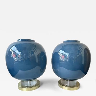 Contemporary Pair of Brass and Blue Murano Glass Bulb Lamps Italy