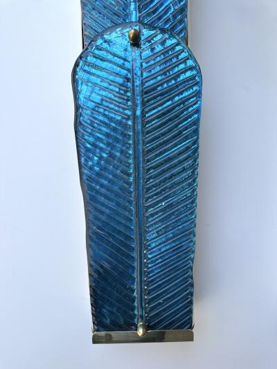 Contemporary Pair of Brass and Blue Murano Glass Palm Tree Sconces Italy
