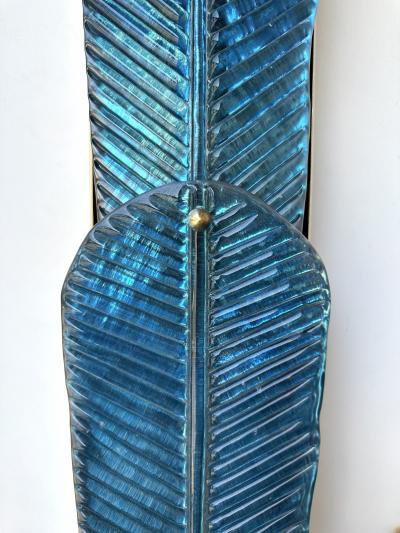 Contemporary Pair of Brass and Blue Murano Glass Palm Tree Sconces Italy