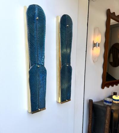 Contemporary Pair of Brass and Blue Murano Glass Palm Tree Sconces Italy