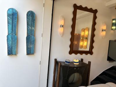 Contemporary Pair of Brass and Blue Murano Glass Palm Tree Sconces Italy