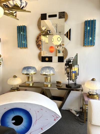 Contemporary Pair of Brass and Blue Murano Glass Sconces Italy