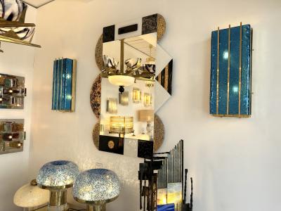 Contemporary Pair of Brass and Blue Murano Glass Sconces Italy