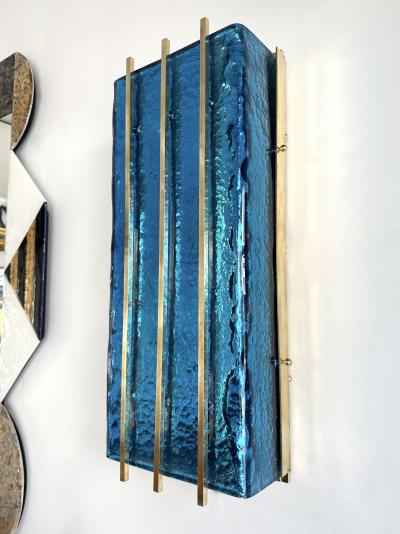 Contemporary Pair of Brass and Blue Murano Glass Sconces Italy
