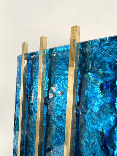 Contemporary Pair of Brass and Blue Murano Glass Sconces Italy
