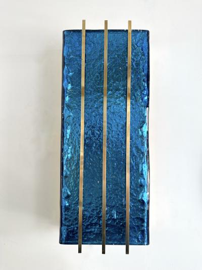 Contemporary Pair of Brass and Blue Murano Glass Sconces Italy