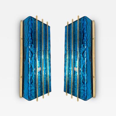 Contemporary Pair of Brass and Blue Murano Glass Sconces Italy